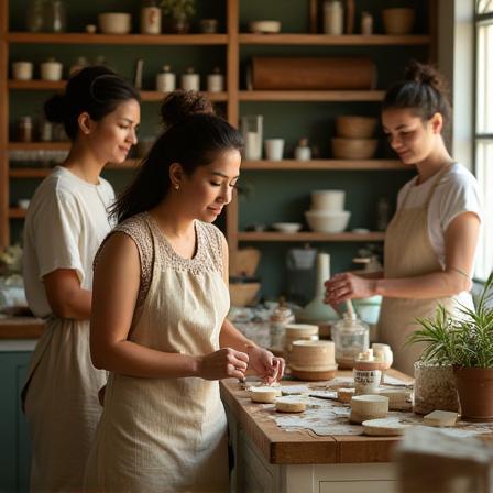 Ateliê artesanal de cosméticos com equipe da Essência Carioca em produção no Rio.