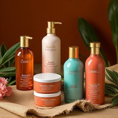 Seleção vibrante de cosméticos Essência Carioca sobre pano rústico e elementos naturais.